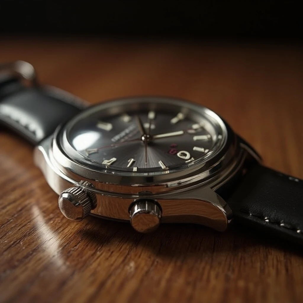 a luxury wristwatch on a wooden table, ultra-realistic, macro photography, precise metal reflections, shallow depth of field, studio lighting, product photography, cinematic detail, 4k render
