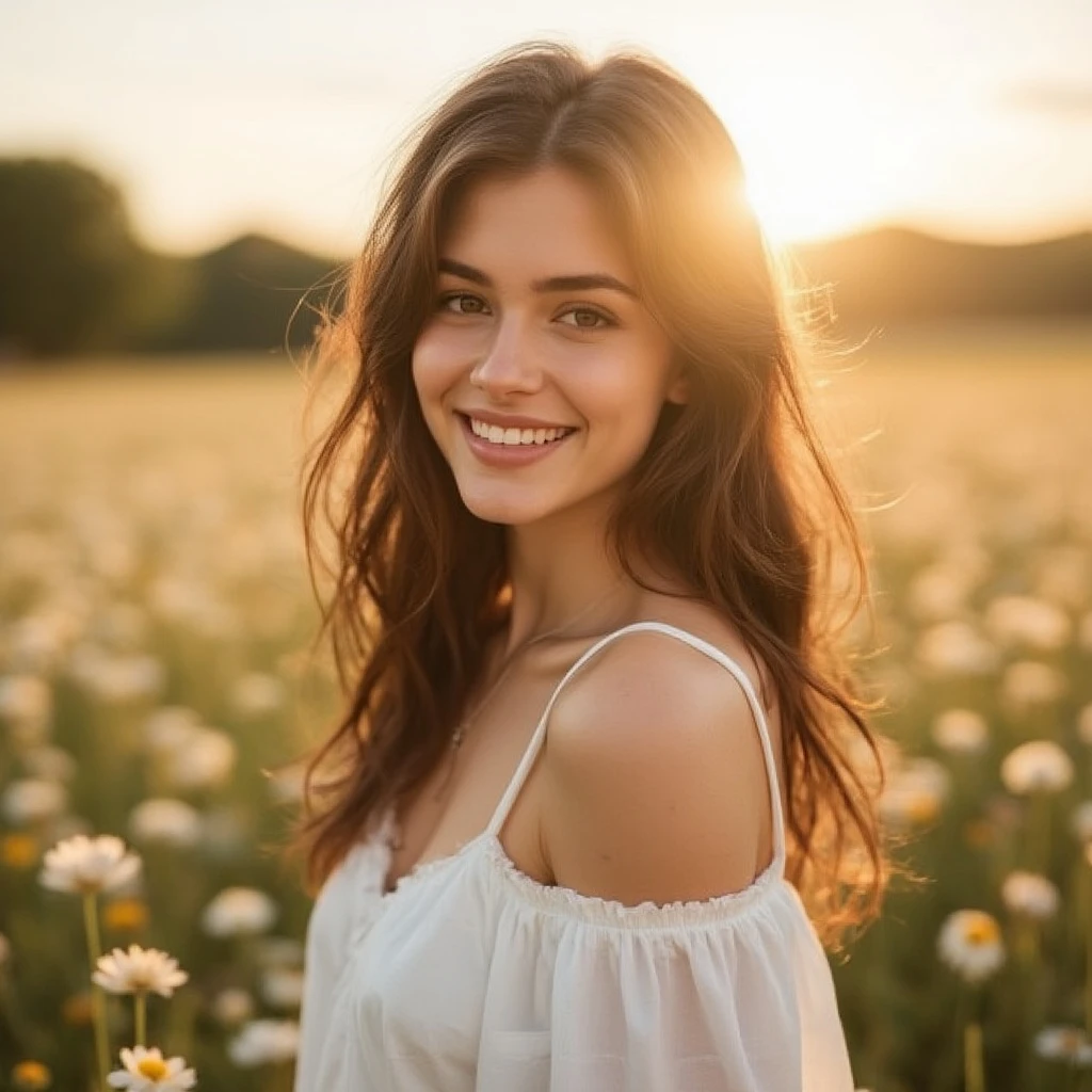 a beautiful young woman in a white dress, smiling under the morning sun, ultra-realistic, glowing skin, soft natural lighting, flower field background, pastel tones, shallow depth of field, detailed eyes, cinematic bokeh, high-definition photo