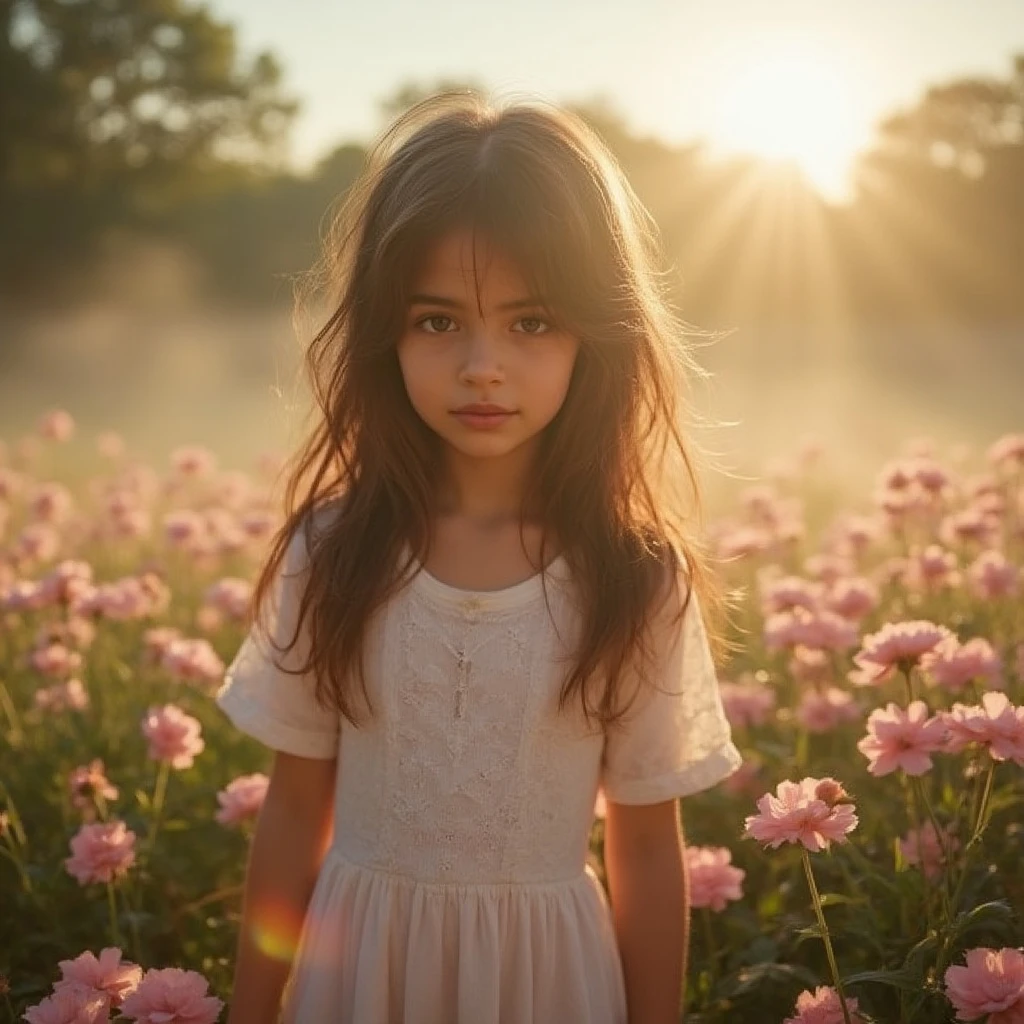 a dreamy girl with long hair and soft expression, standing in a blooming garden, morning mist, golden hour light, ultra-realistic, beautiful color tones, pastel flowers, cinematic clarity, glowing atmosphere, hyperrealistic portrait