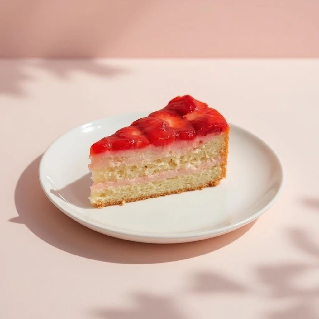 a delicious slice of strawberry cake on a white ceramic plate, morning light, ultra-realistic texture, soft shadows, bright background, shallow depth of field, pastel aesthetic, product photography, high-detail realism