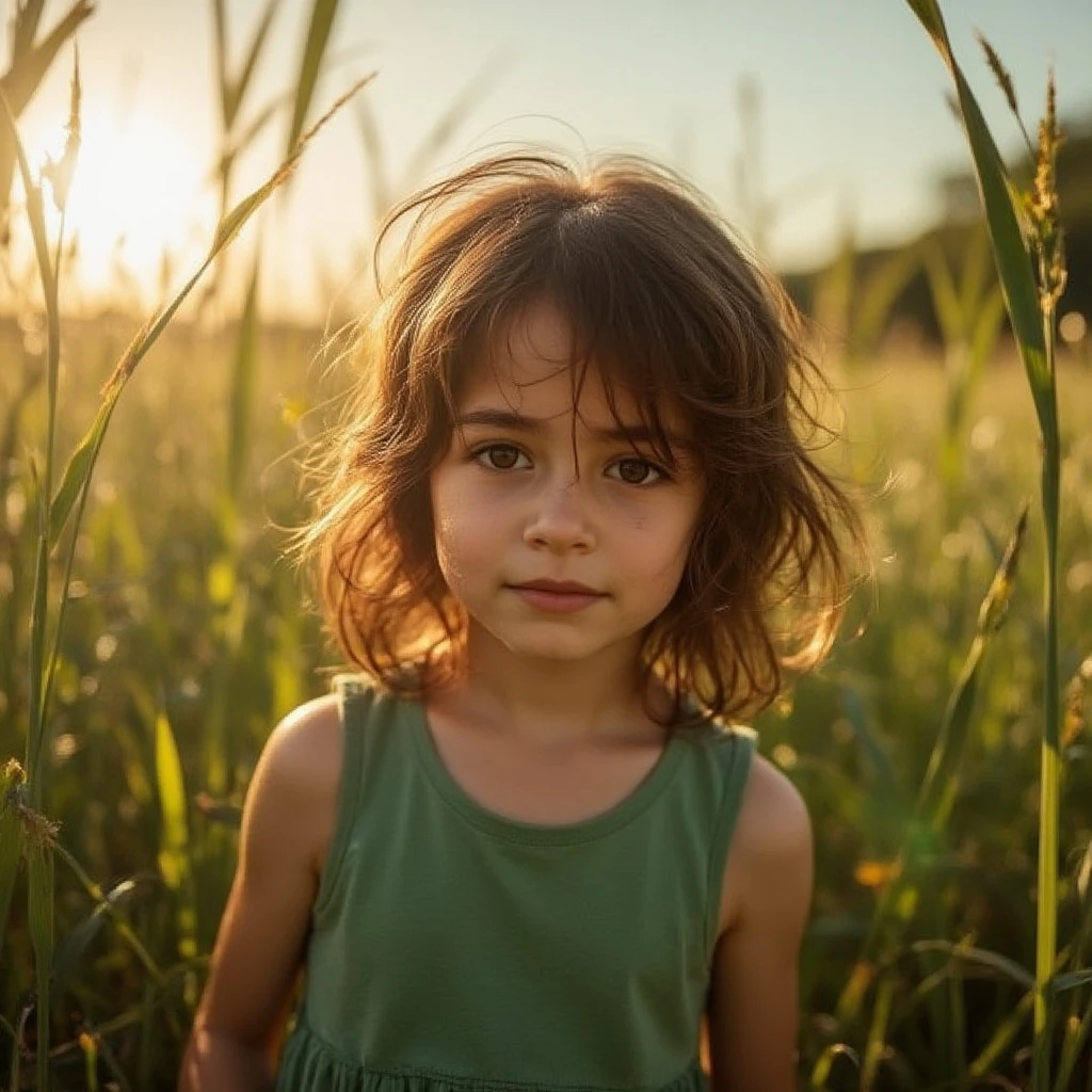 a girl in a green dress surrounded by tall grass, golden hour sunlight, ultra-realistic texture, natural soft light, serene expression, warm tones, sharp focus, outdoor photography style, realistic colors, shallow depth of field