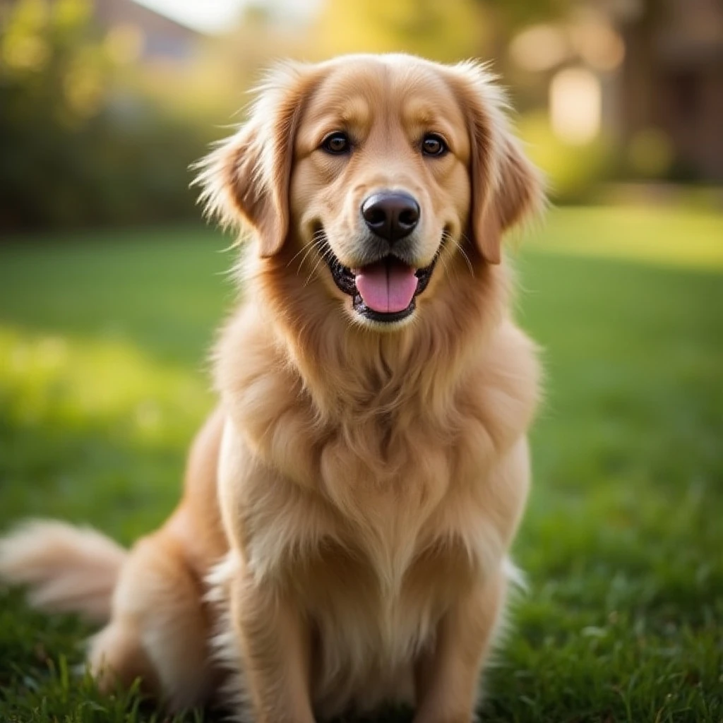 a golden retriever sitting in a garden, looking at the camera, ultra-realistic fur detail, bright lighting, soft grass background, cheerful mood, warm tones, cinematic focus, natural environment, high-resolution animal portrait