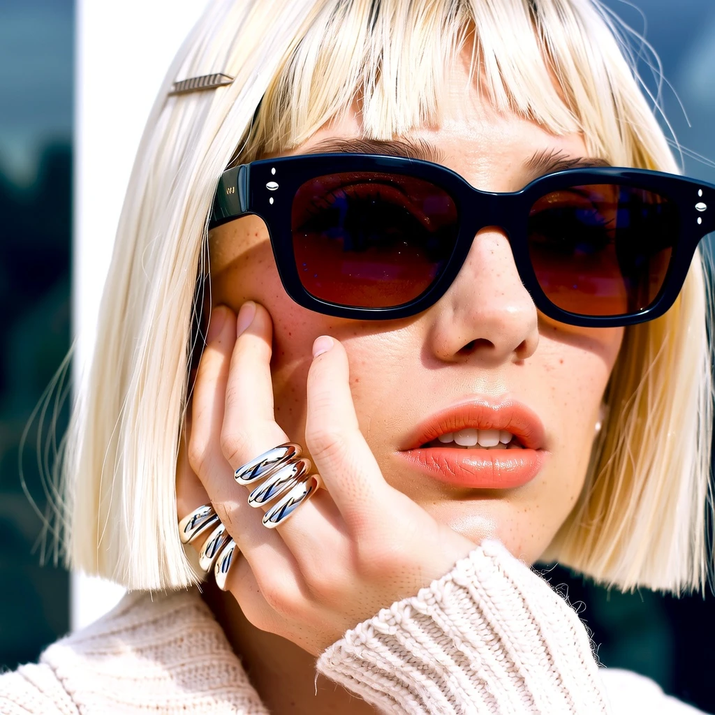 A platinum bob slips loose from a claw-clip, framing a woman’s face with frosted lips and a smudge of sunlit freckles. Her hand presses lightly to her cheek, stacked with chunky silver rings that glint like molten metal, bending in fluid, bold shapes. Black wrap-around sunglasses catch the faint reflection of city glass and the phone’s screen, while cool overcast light throws soft shadows on skin with pores and the fuzz of a wool rib cuff nearby. The shot tilts just off-center, fall-off blur wrapping around her cheek and shading, capturing the casual disarray of an artful moment cropped tight—close-up captured on Iphone, hand-face jewelry focus