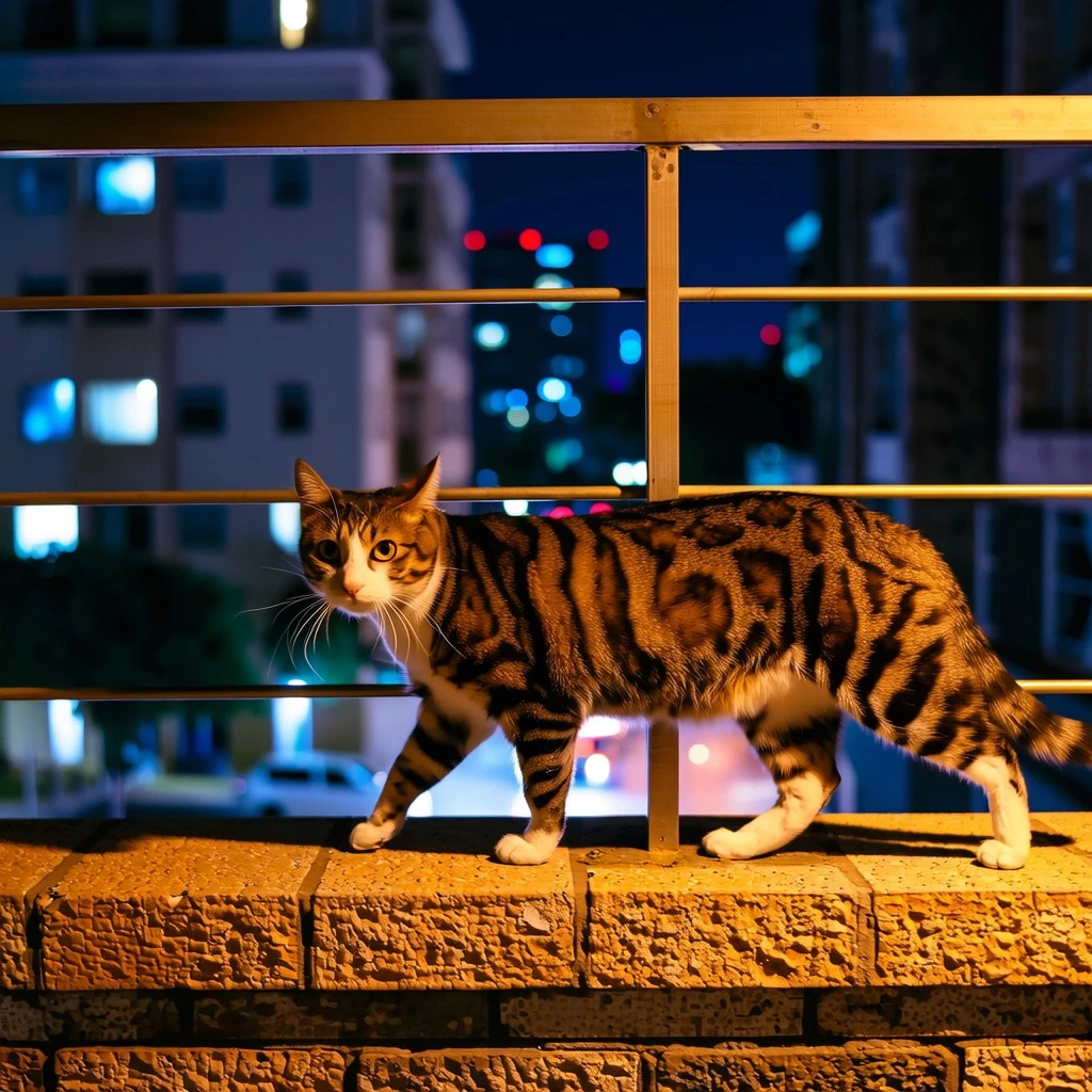 A side-view photo of a cat walking gracefully along a narrow balcony railing at night. The background reveals a softly blurred city skyline glowing with lights—windows, streetlamps, and distant cars forming a bokeh effect. The cat's fur catches subtle reflections from the urban glow, and its tail balances high as it steps with precision. Cinematic night lighting, shallow depth of field, high-resolution photograph.