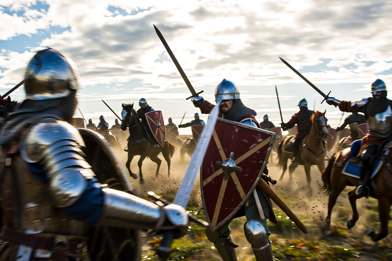 Intense medieval battle scene with knights clashing in close combat, swords swinging, and shields raised. The image is filled with dynamic motion blur — blurred swords, flying debris, and rushing figures convey the chaos of the fight. Dust rises from the ground, kicked up by charging horses and running soldiers. Armor glints in the sunlight, partially obscured by blur and dirt. The composition captures the raw energy of the battlefield, with blurred foreground action and slightly sharper figures in mid-ground. Gritty, cinematic lighting, overcast sky, and a muted, earth-toned color palette. Shot with a wide lens, slightly tilted, as if captured in the middle of battle.