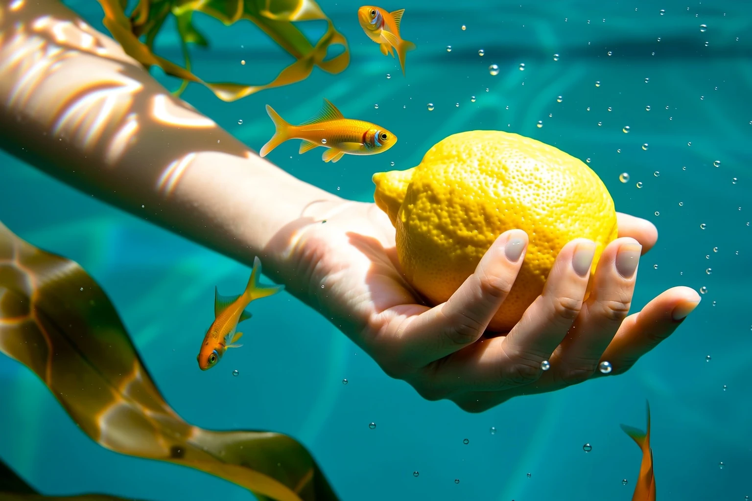 Close-up of a woman’s hand fully submerged in clear ocean water, elegantly holding a bright yellow lemon. Her nails are clean and simple. Around the hand, small tropical fish swim gracefully, with strands of seaweed and soft marine plants drifting nearby. Sunlight filters through the water surface above, casting dappled light and gentle caustics on the skin and surrounding sea life. The skin has hyperrealistic detail — soft, luxurious, and radiant. The water is turquoise-green, slightly hazy with floating particles, creating a dreamy, cinematic underwater atmosphere. The scene feels elegant, epic, and editorial — a surreal blend of luxury and nature.