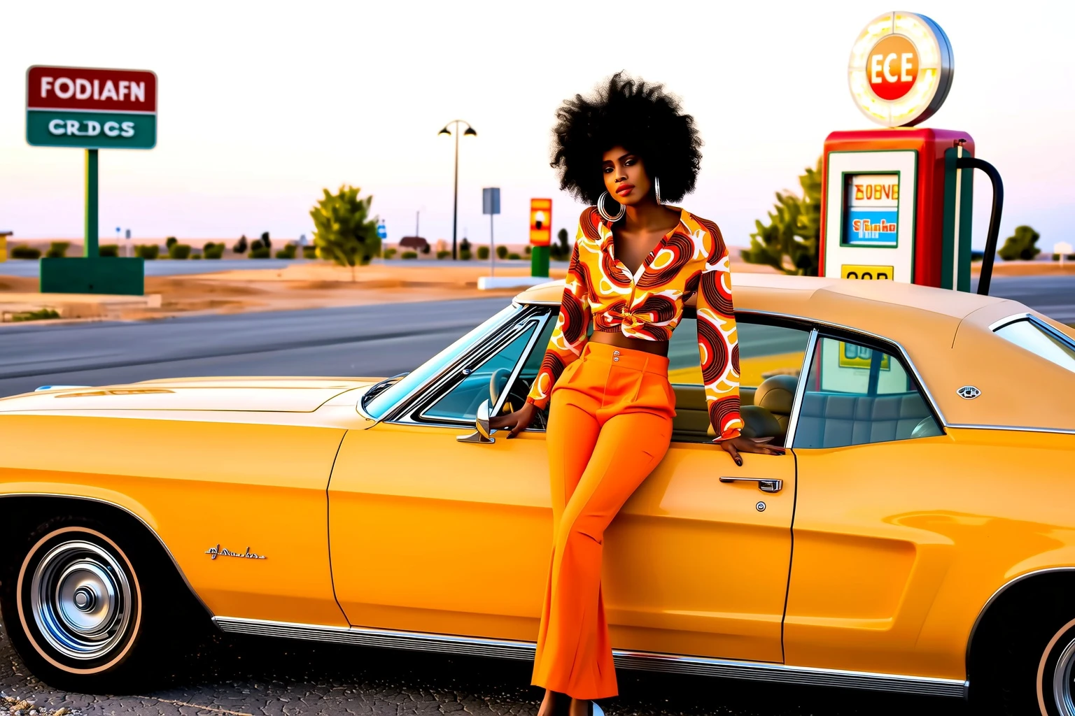 High‑quality photo. Black woman with a big afro leans on a mustard‑yellow 1970s convertible at a retro gas station. She wears high‑waisted orange flared pants and a tucked‑in paisley shirt that shows her waist. Large gold hoop earrings move slightly in the desert breeze. Warm late‑afternoon light falls on the glossy car and her face. Dusty asphalt, vintage pumps, and faded signs appear sharp. Pastel dusk sky fills the background. Shot eye‑level on a 50 mm lens, Kodak Gold 100 film with visible grain and a touch of lens flare. Late‑70s / early‑80s cinematic look.
