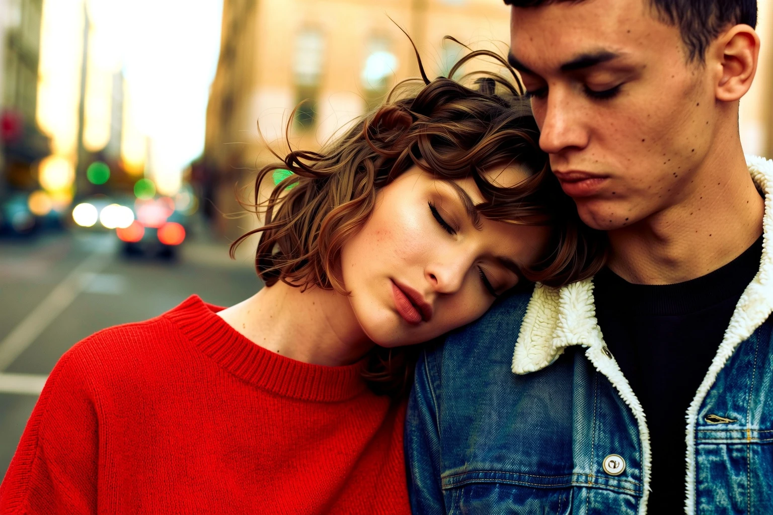 A european woman with short, tousled hair leans in close to a man, her eyes gently closed. She wears a glowing red sweater; he has a jeans jacket with a bright collar. Golden ambient light softens their skin tones. Their faces are calm and close, framed tightly in an intimate, cinematic shot. The background is a gentle blur of city motion, adding contrast to their stillness. Subtle film grain evokes a timeless, romantic feel.