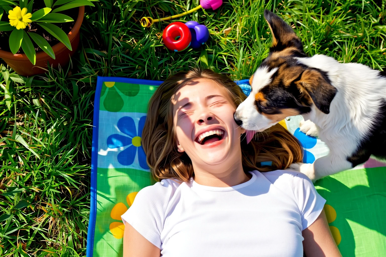 Close-up, top-down view of a teenage girl lying on a vibrant picnic blanket spread out on the green lawn of a sunny backyard garden. She’s laughing joyfully as a playful puppy stands beside her head, licking her ear. Her eyes are closed from laughter, and her expression is full of pure delight. The blanket is colorful — with bright patterns like florals or stripes — contrasting against the lush grass. Around them, soft natural sunlight filters through tree leaves, casting dappled shadows and warm highlights across her face, hair, and the puppy’s fur. Flowers, garden plants, or scattered toys add playful detail in the background. A lively, heartwarming outdoor moment filled with summer energy and color.