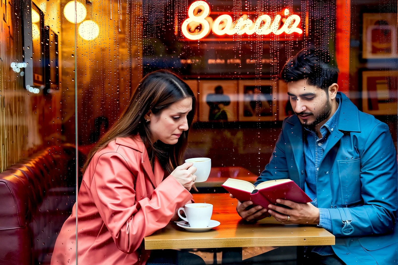 A couple reading books in a tiny café during rainy afternoon, raindrops on window, warm tones, vintage decor, cozy mood, photorealistic