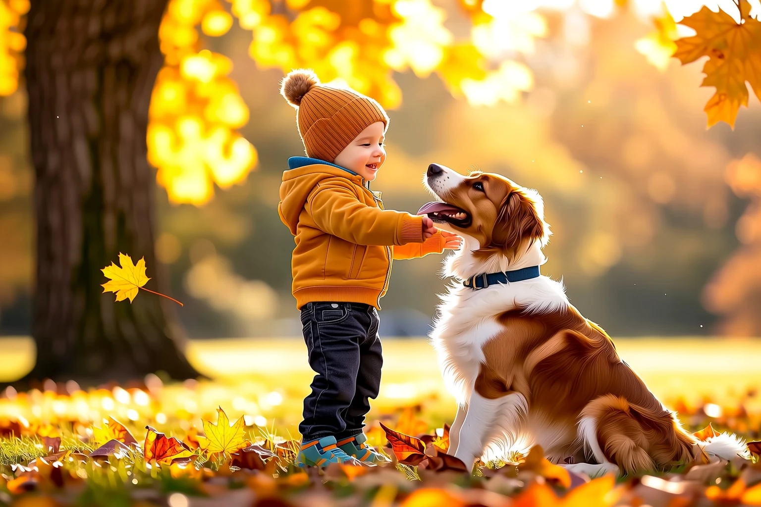 A kid playing with a dog in a sunlit park, fallen leaves, trees swaying in wind, golden hour lighting, spontaneous joyful expression