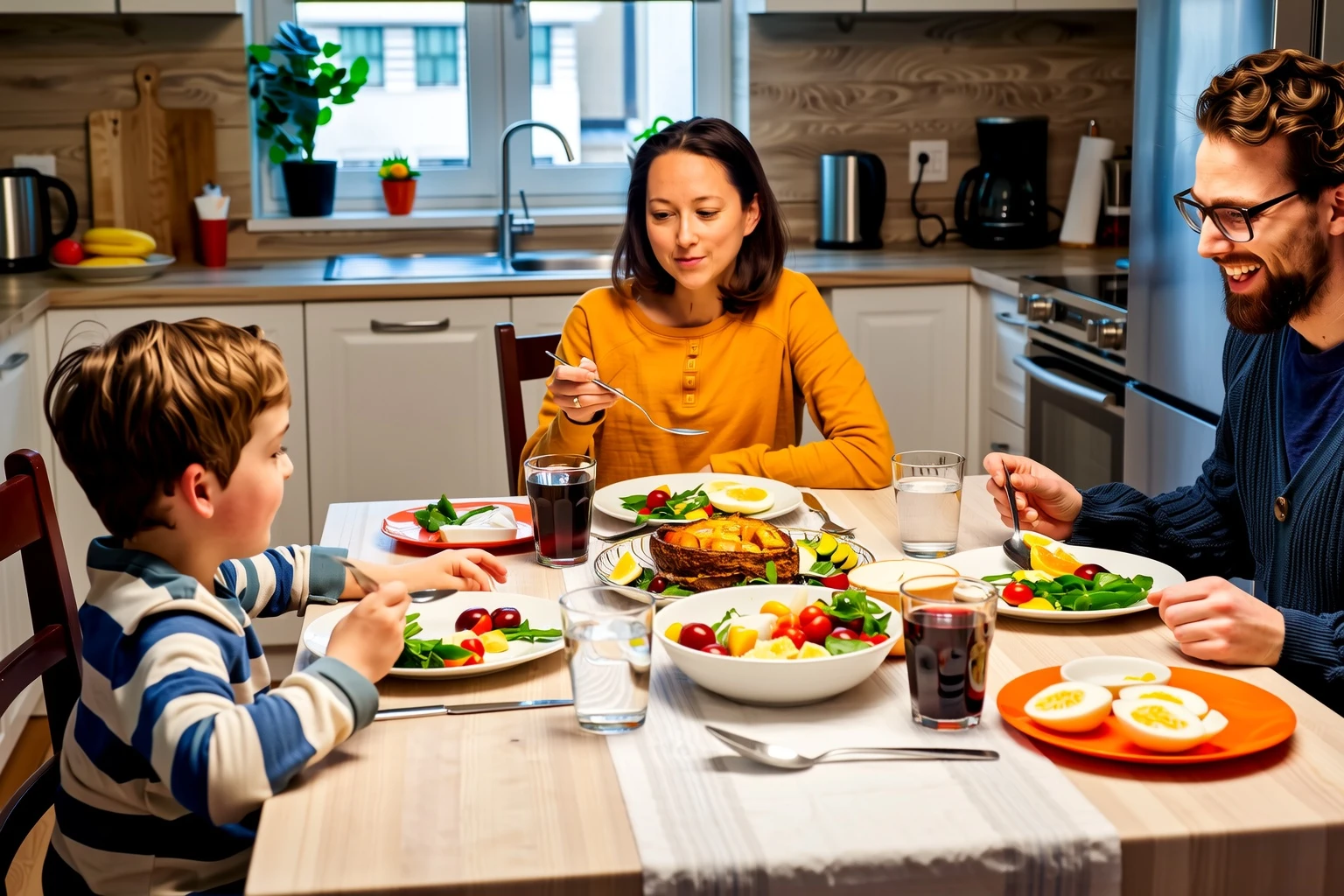 A family eating dinner at a small round table, homemade dishes, ambient kitchen light, lively conversation, slightly cluttered background
