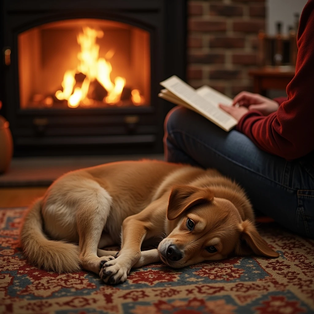 Dog curled up on a living room rug, fire crackling in the fireplace, owner reading beside them, soft jazz playing in the background