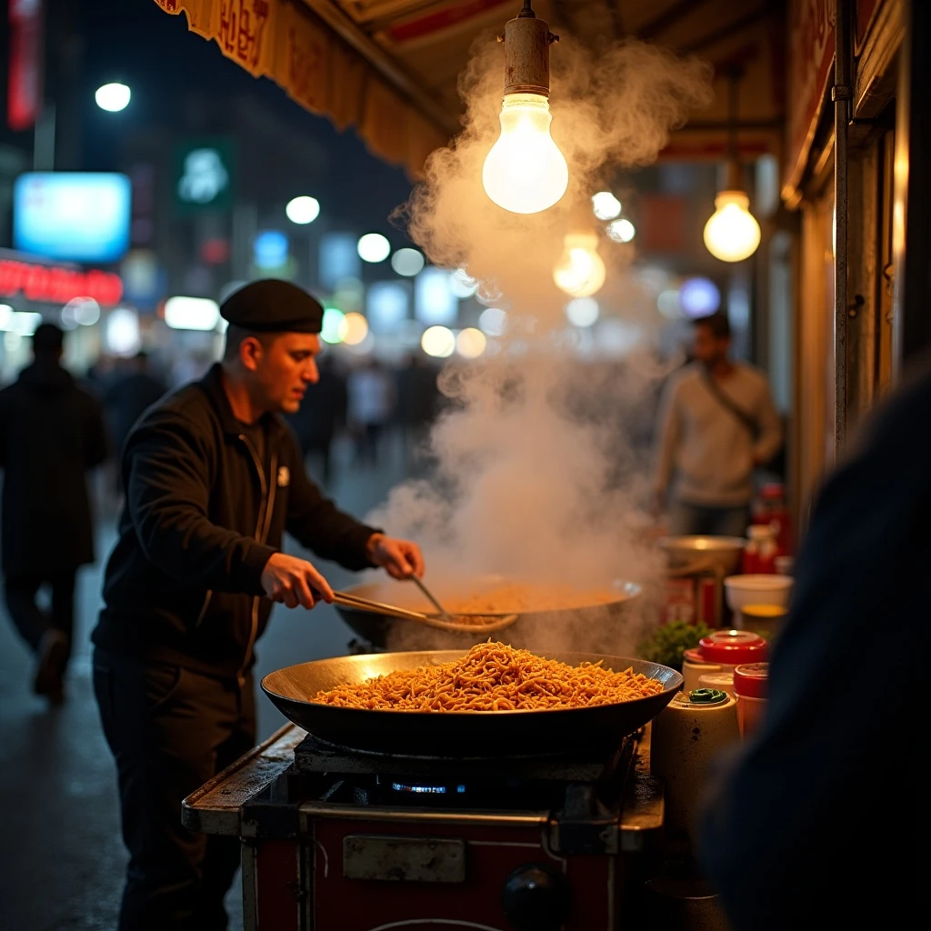 Street vendor cooking noodles late at night, steam rising from the wok, city lights glowing behind, hungry customers in line