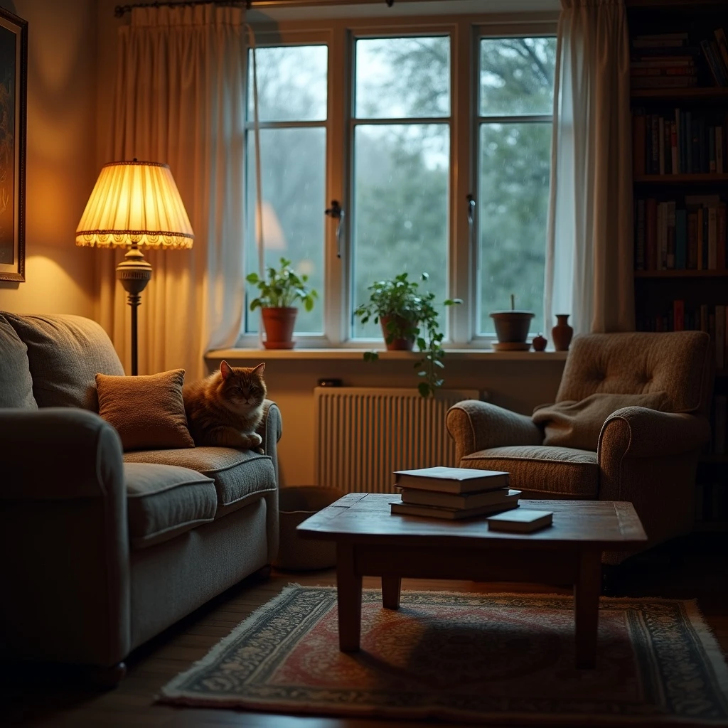 A cozy living room on a rainy afternoon, warm lighting, books on the coffee table, a cat curled up on the sofa, real-life atmosphere
