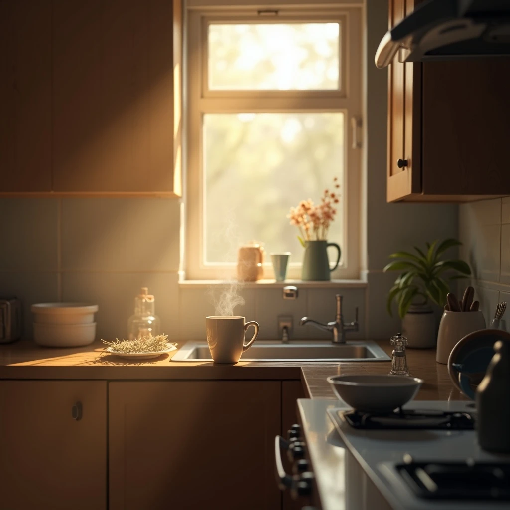 Morning sunlight streaming into a small kitchen, steam rising from a coffee mug, unwashed dishes in the sink, a realistic family home
