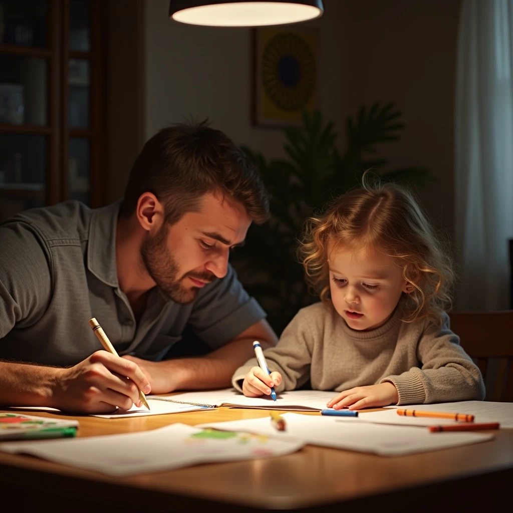A father helping his child with homework at the dinner table, soft lighting, papers and crayons scattered, homey and emotional vibe