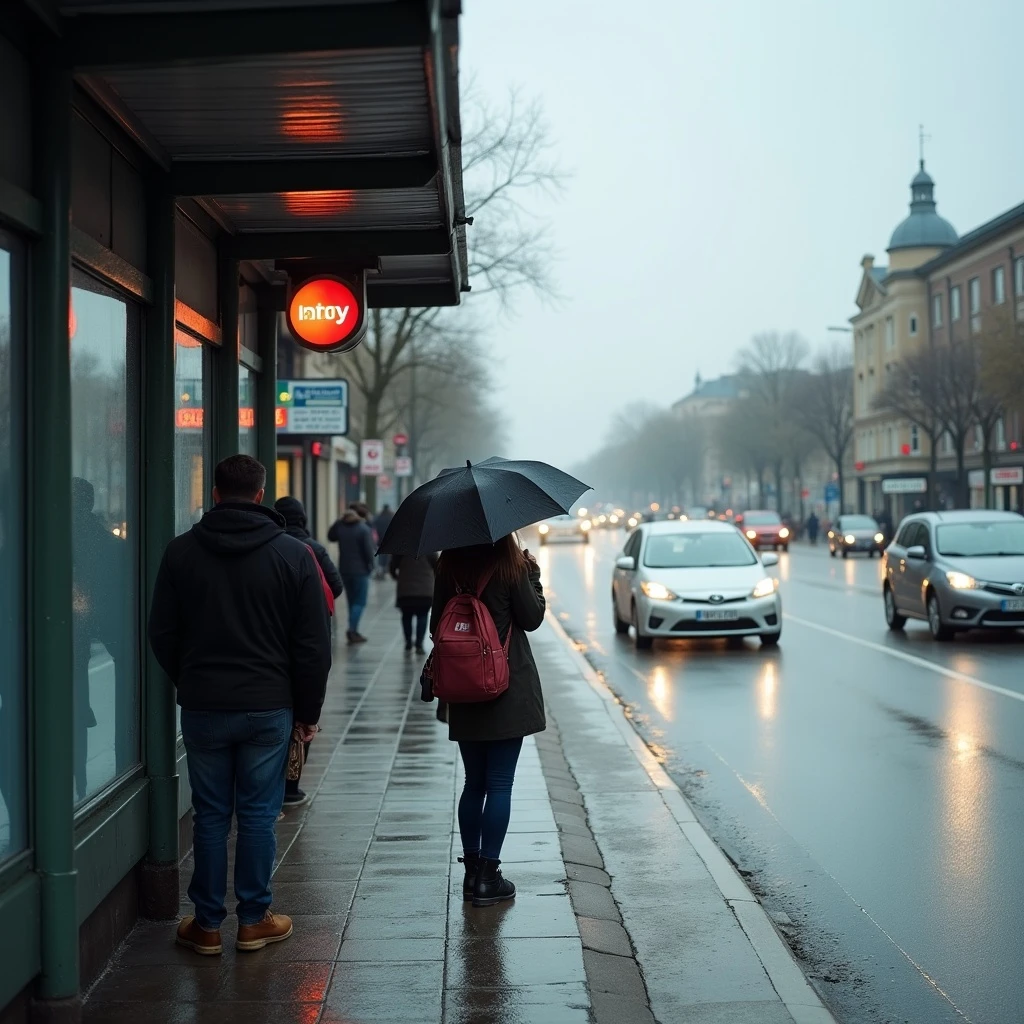People waiting at a bus stop on a cloudy morning, wet pavement, umbrellas, cars passing by, urban realism