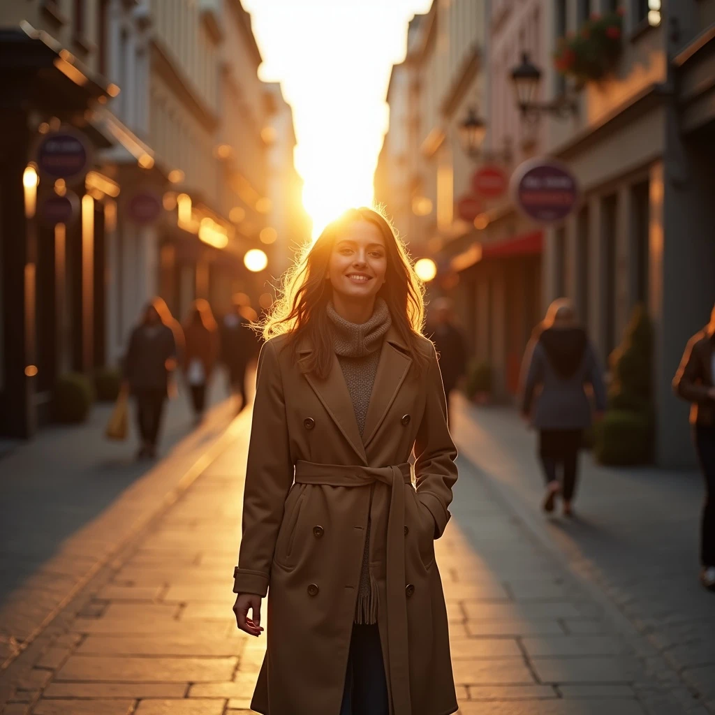 Young woman walking down a quiet city street at sunset, shops closing, soft golden hour light, light breeze moving her coat