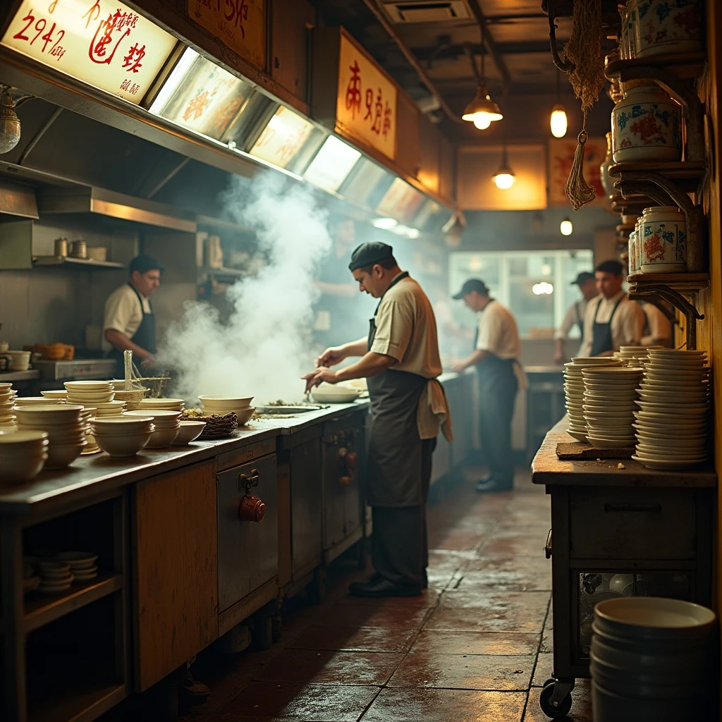A noodle shop kitchen in the middle of dinner rush, steam rising, cooks working fast, bowls stacked high, oil-stained walls