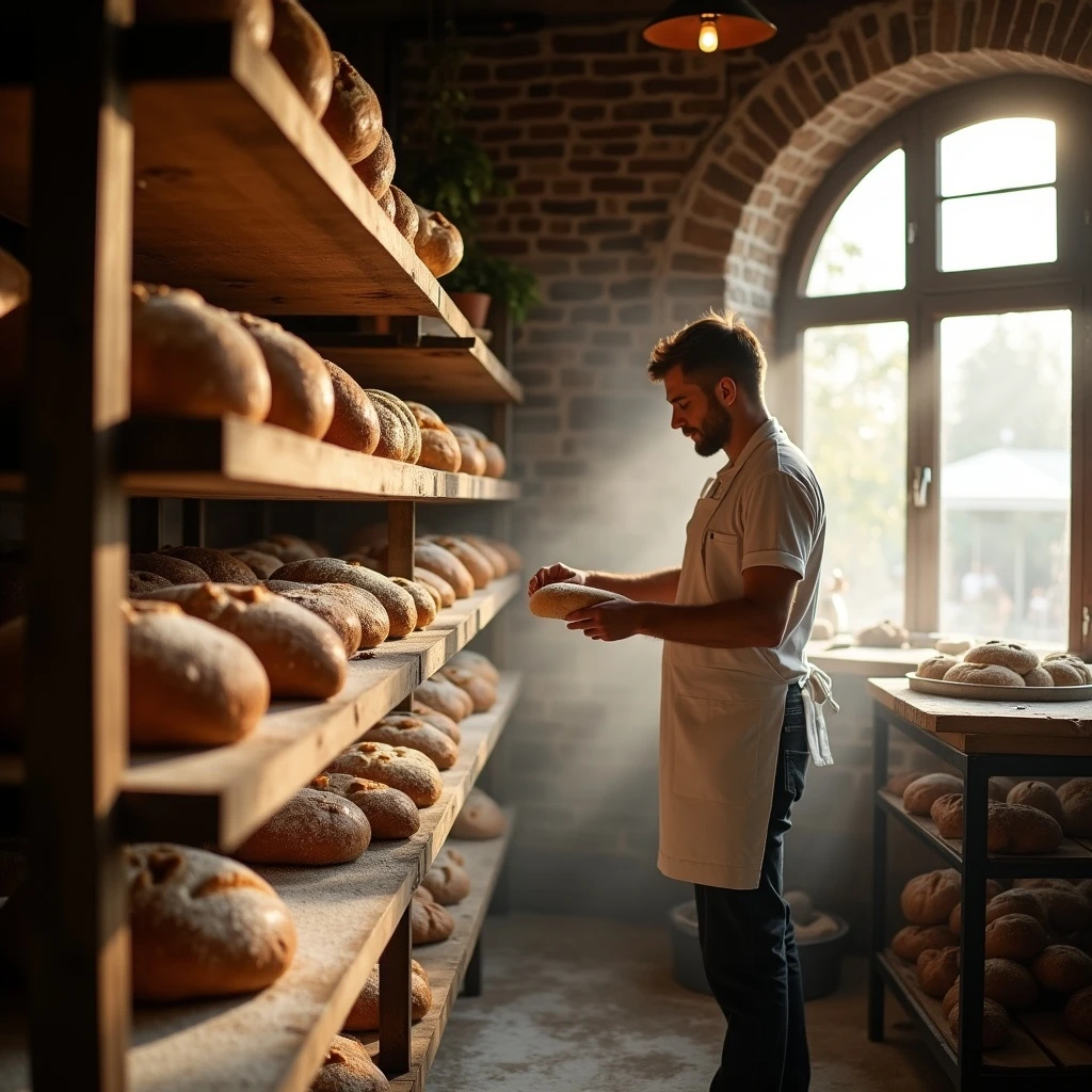 Baker arranging bread on wooden shelves in a rustic bakery, flour dust in the air, morning glow from the window