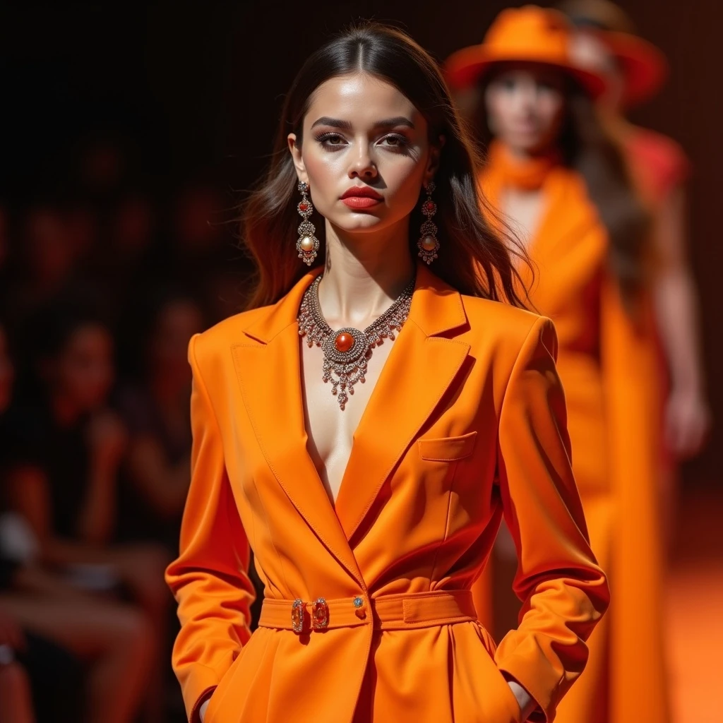 A stylish model, fashion show, showcase a designer outfit, orange colour suit, conspicuous jewelry, fashion show background, vibrant color, dramatic makeup