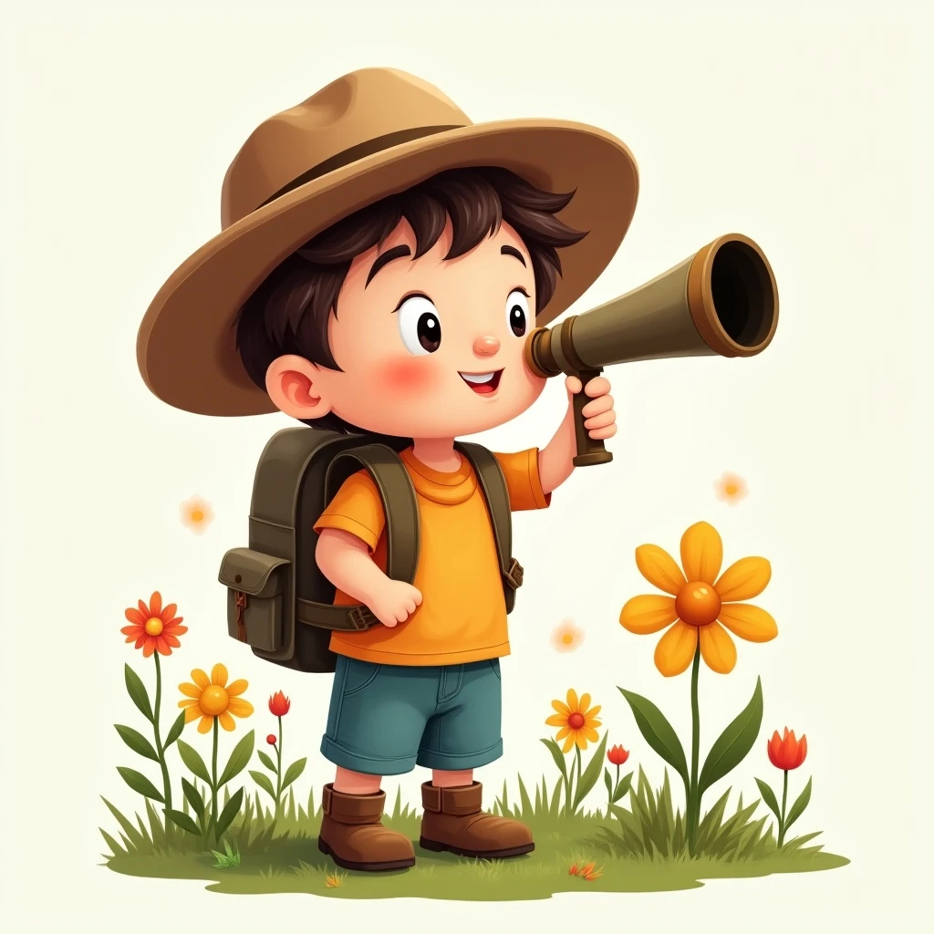 Cute boy with a hat, exploring nature, holding a telescope, backpack, surrounded by flowers, cartoon style, vibrant colors.