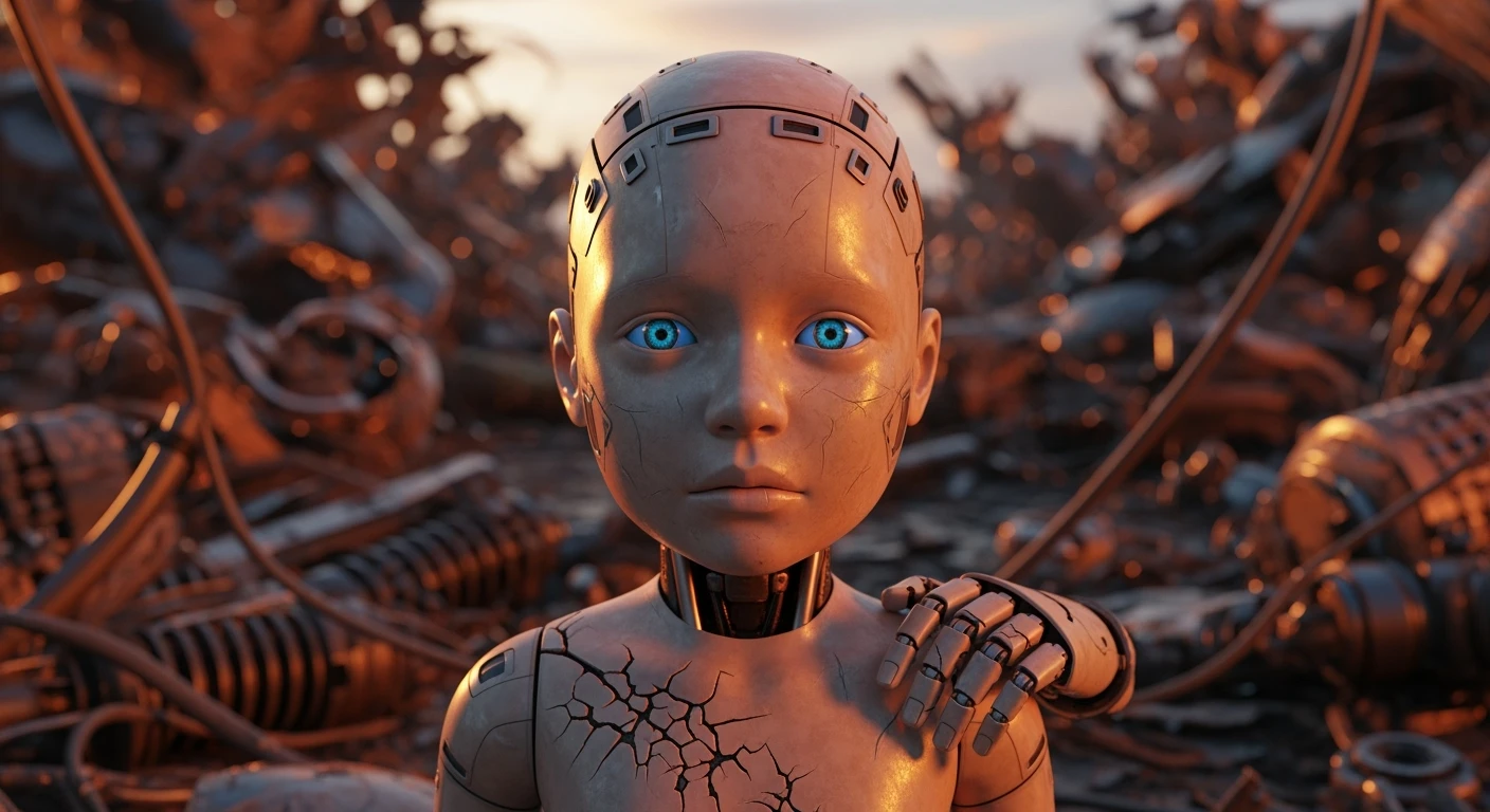 Cinematic close-up from the front of a humanoid robot child sitting quietly among broken machine parts in a massive robot junkyard, facing the camera directly, his synthetic skin slightly scratched, glowing blue eyes wide with innocence and sadness, soft sunset light casting warm highlights across his face, blurred background filled with rusted metal fragments and tangled cables, a cracked robotic hand resting near his shoulder, burnt orange and cold steel color palette, shot on 85mm lens, shallow depth of field, high skin-texture detail, emotional and haunting