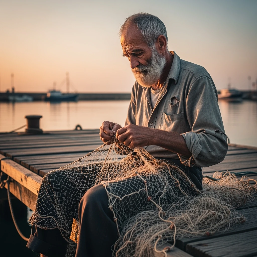 Cinematic shot of a tired old fisherman, a thin, weathered man with a white beard and sun-wrinkled skin, sitting on a wooden dock at dawn, melancholic and serene, slowly mending his net with calloused hands, low angle, soft morning light with pinkish hues, pastel color palette, 85mm lens, ultra sharp focus, high dynamic range
