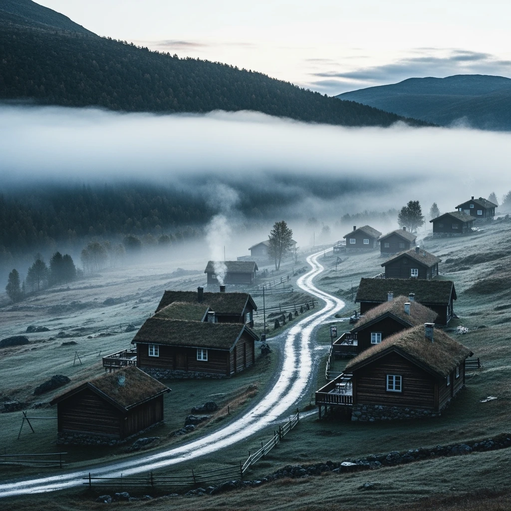 Cinematic landscape of a remote Nordic mountain village at dawn, wooden cabins with grass-covered roofs scattered along a winding dirt road, dense fog rolling in from the dark pine-covered slopes, smoke rising gently from a few chimneys, high angle, soft cold morning light filtering through mist, desaturated blue-grey and moss green palette, still and silent, 35mm lens, cinematic softness with rich texture in the wet ground and wood grain
