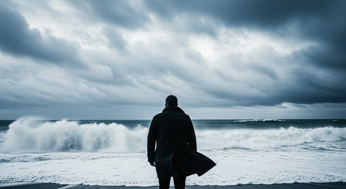 Cinematic wide shot from the back, a man standing alone on a beach during a storm, coat flapping in the wind, waves crashing violently in the background, desaturated blue and grey tones, dramatic clouds above, shot on 35mm lens, emotional and epic