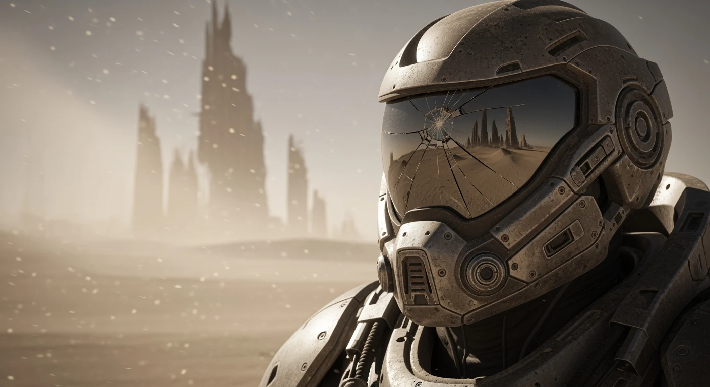 Cinematic medium shot of a soldier in a desert exosuit scanning the horizon through a cracked visor, ruined megastructures looming in the distance, sepia and steel color grading, wind-blown particles, harsh light