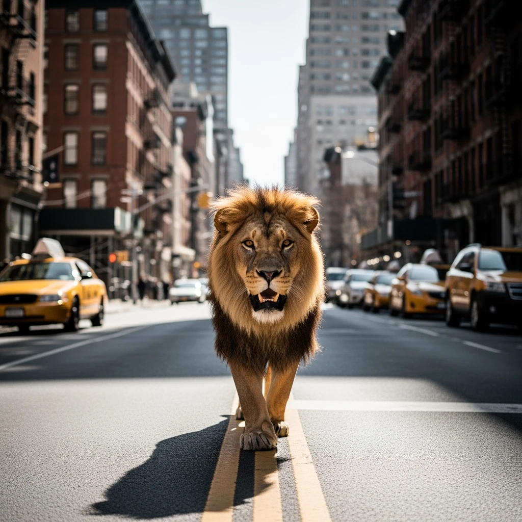 Cinematic front view shot of an angry lion walking straight down the middle of a New York City street in broad daylight, the lion perfectly centered in frame, intense gaze fixed ahead. Muted colors palette, sharp sunlight casting defined shadows, shot on 35mm lens, symmetrical composition