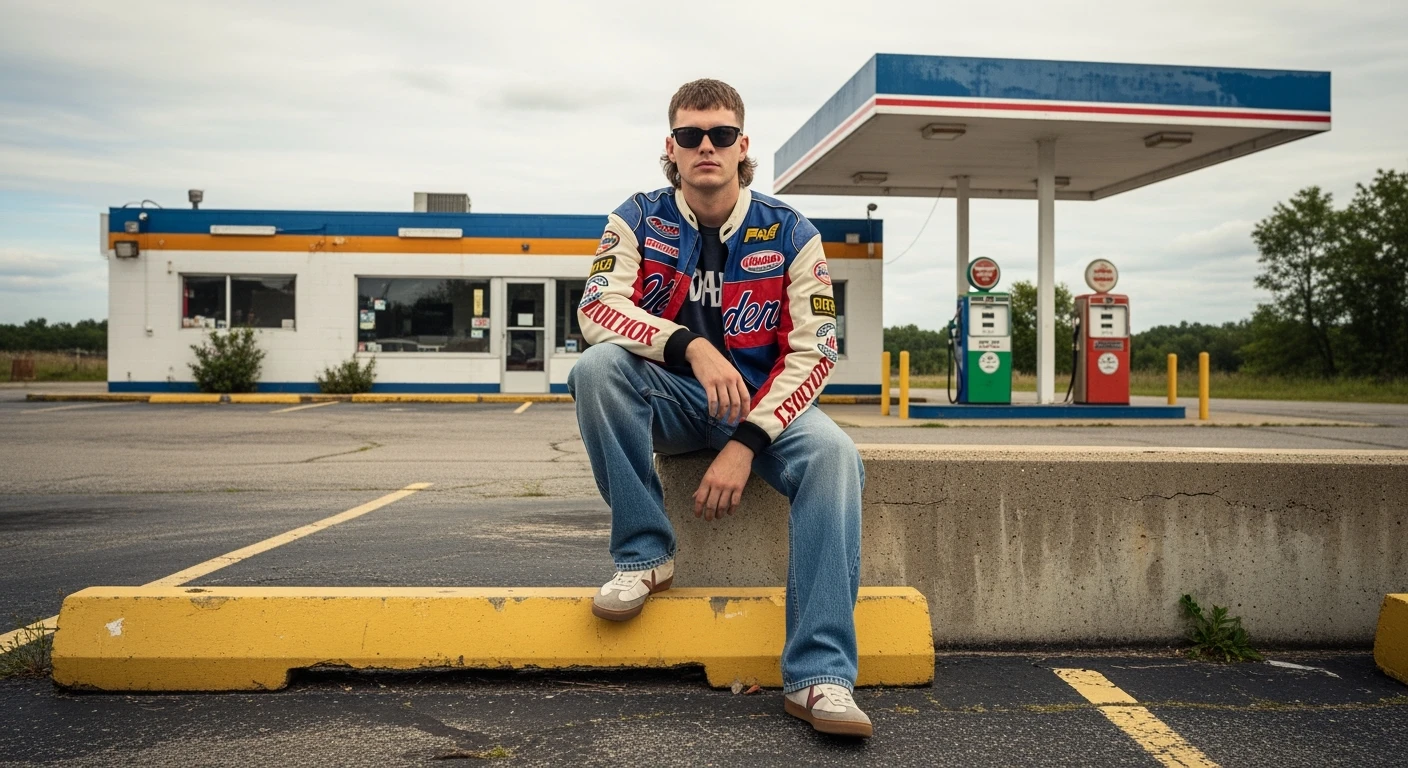 A young white guy, 20 years old, mullet and sunglasses, wearing a vintage racing jacket and baggy jeans, sitting on a parking barrier in front of a rundown gas station, cloudy sky