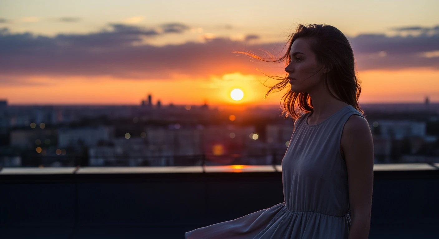 Cinematic medium shot of a young woman standing on a rooftop at sunset, her hair blowing in the wind, staring at the horizon in silence, the city glowing behind her, warm golden palette with soft shadows, 50mm lens, reflective and free