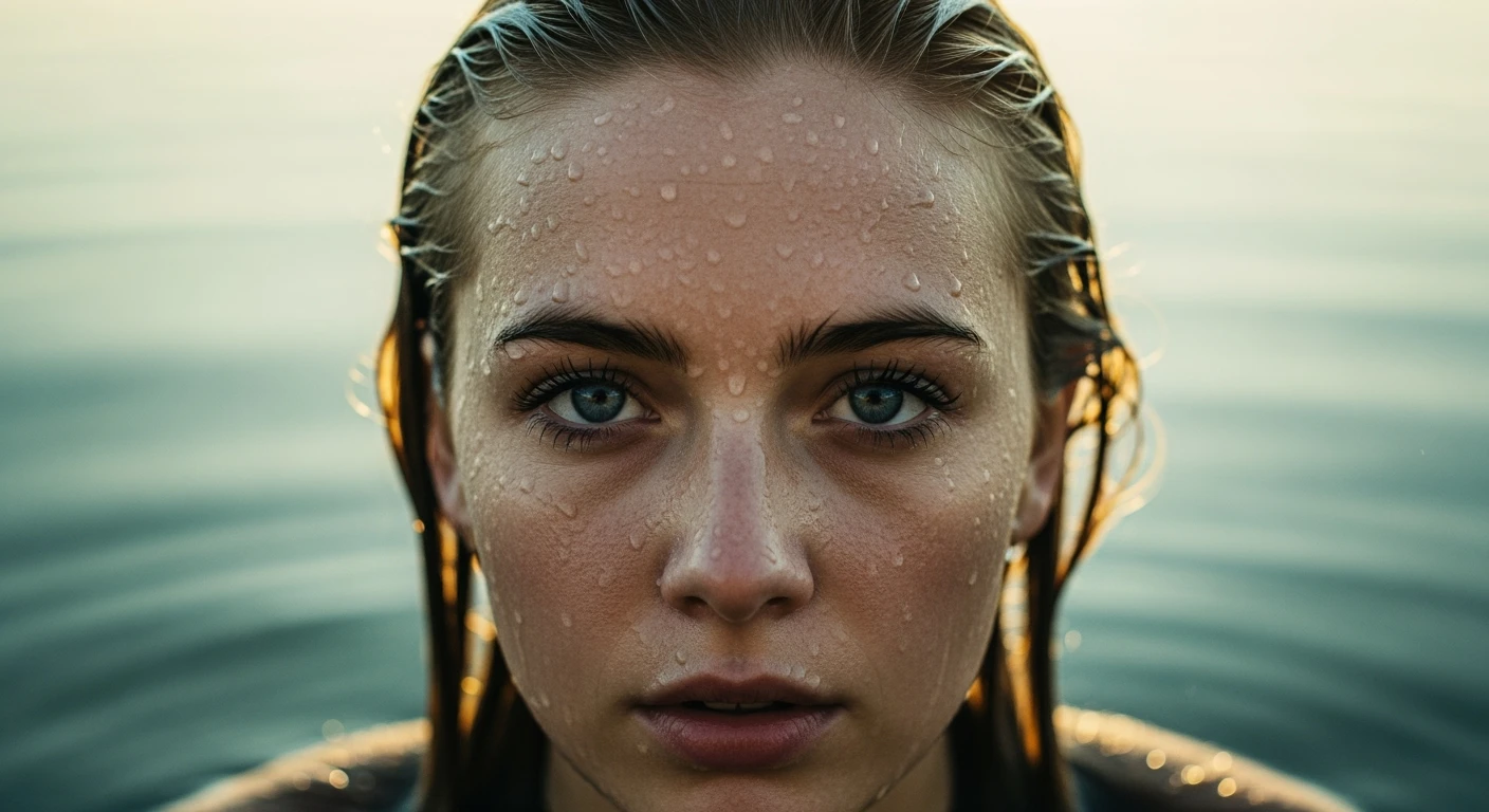 Cinematic close-up of a young woman with long blonde hair, blue eyes, with wet hair stepping out of a lake, droplets on her face, eyes calm and powerful, natural backlight, earthy green and blue palette, 85mm lens, raw and grounded