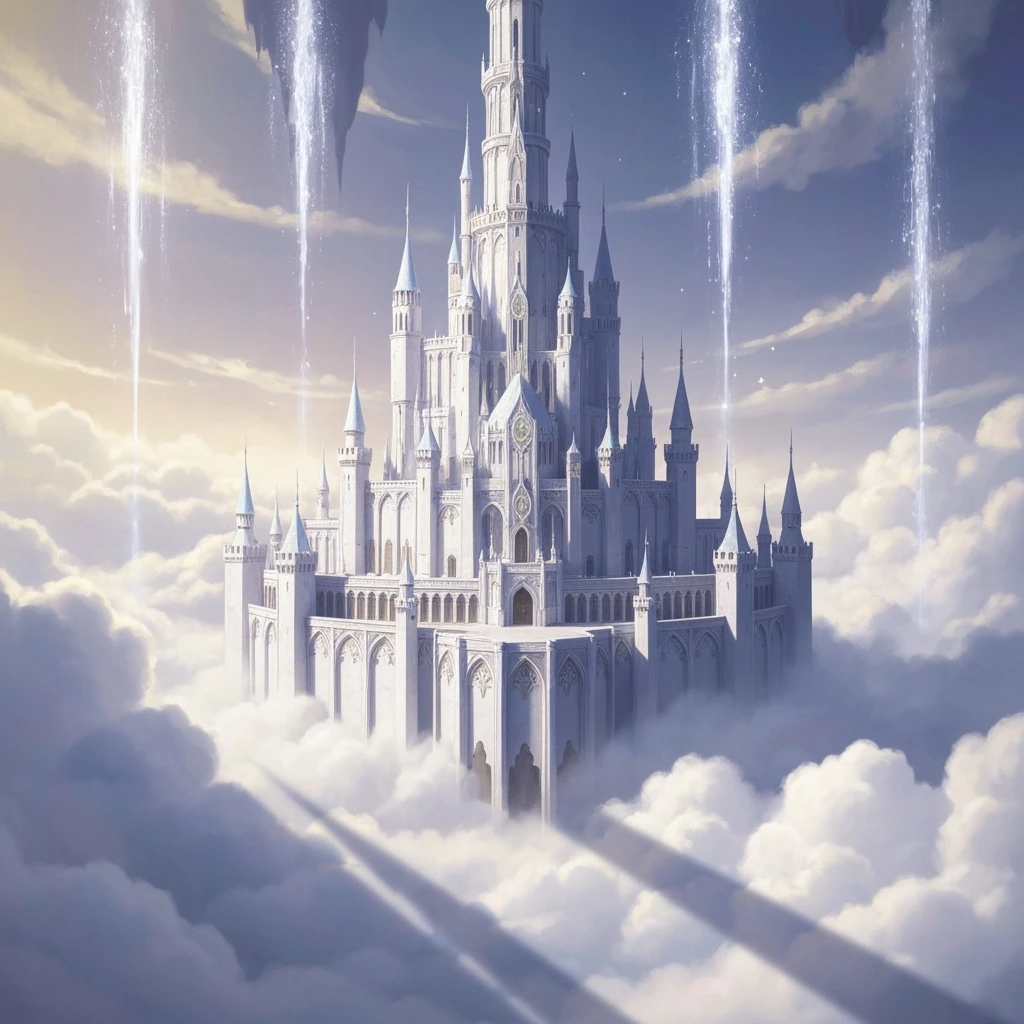 A floating castle above the clouds, glowing waterfalls falling into the sky, dreamy lighting, painterly fantasy style