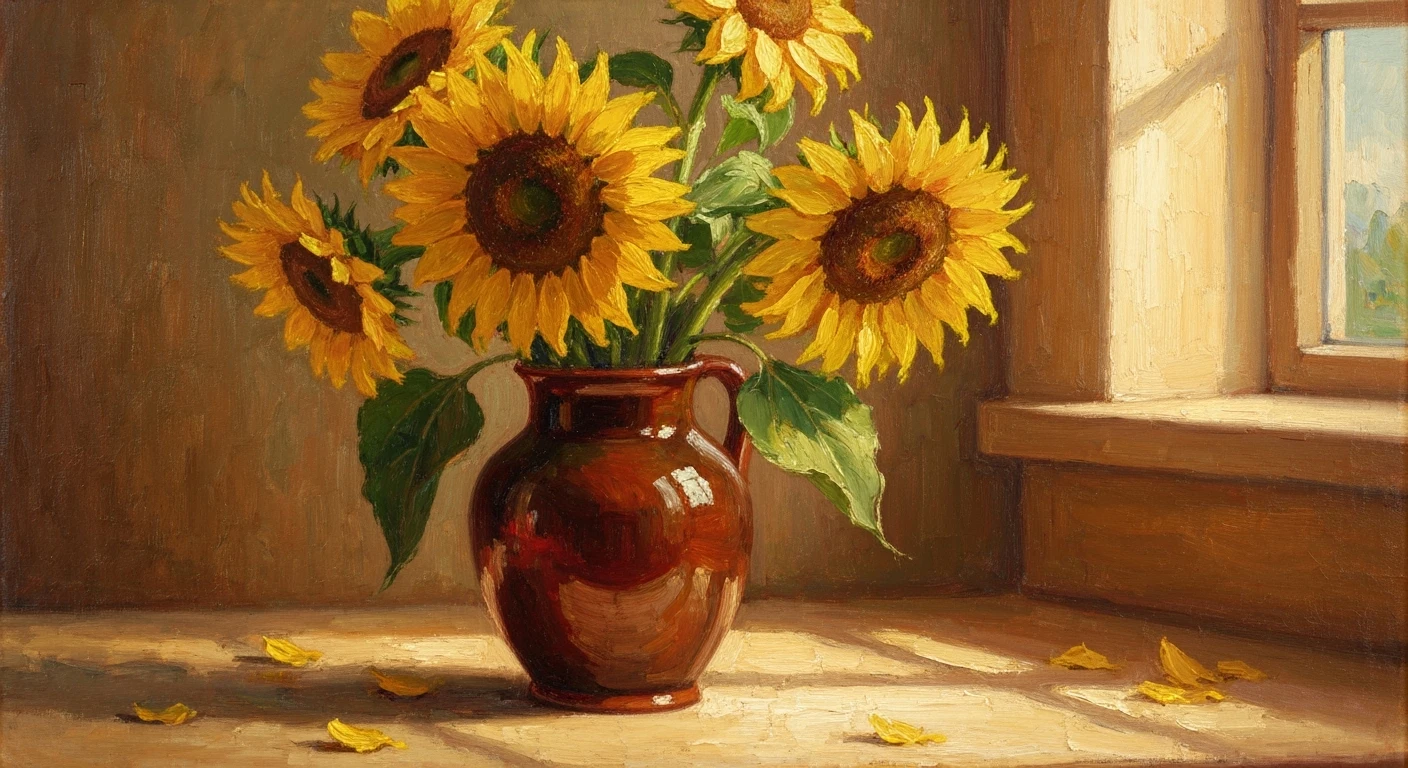 Still life of sunflowers in a ceramic vase, 19th-century oil painting style, thick brush strokes, warm tones