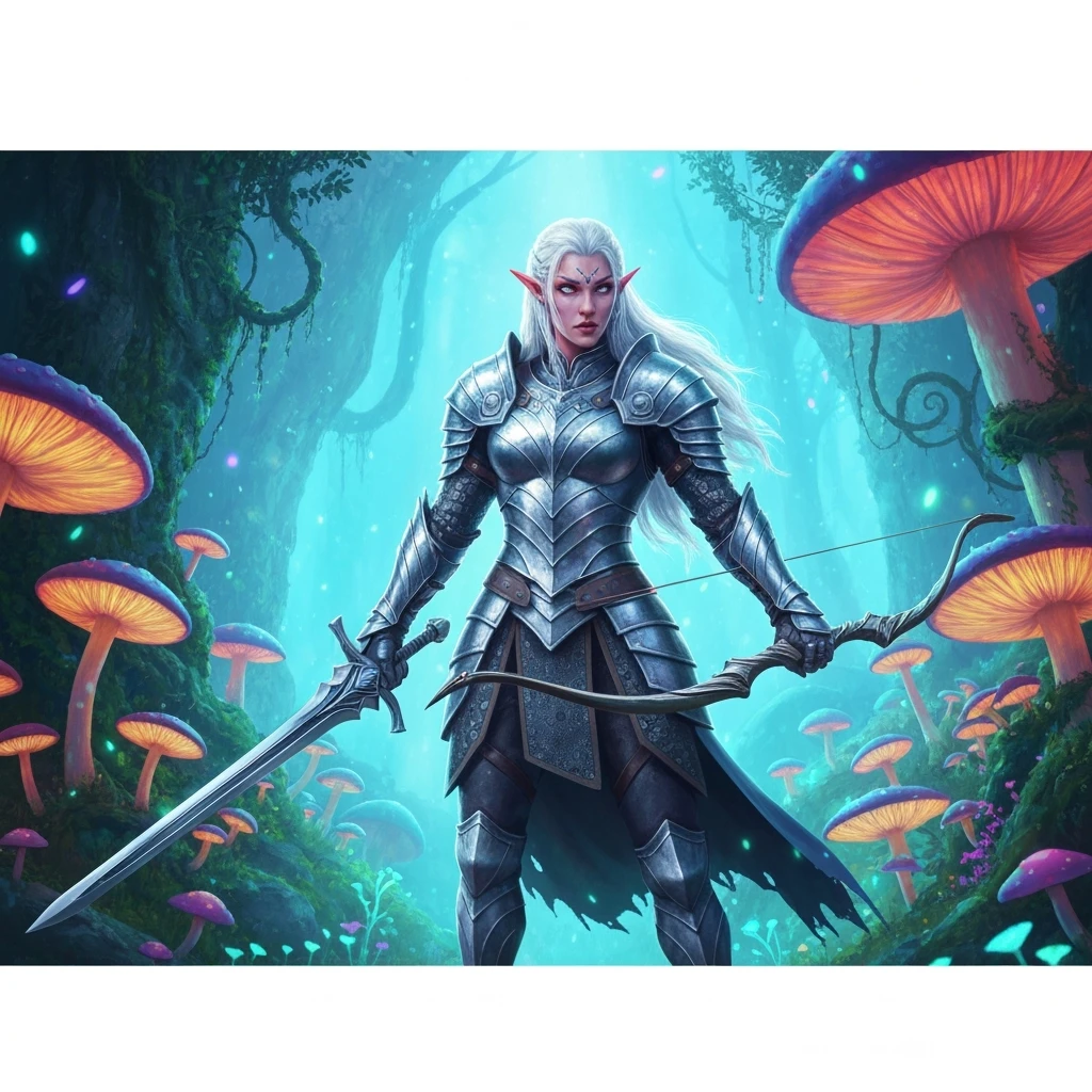 Elf warrior standing in a glowing forest, silver armor and long white hair, cinematic lighting, detailed environment