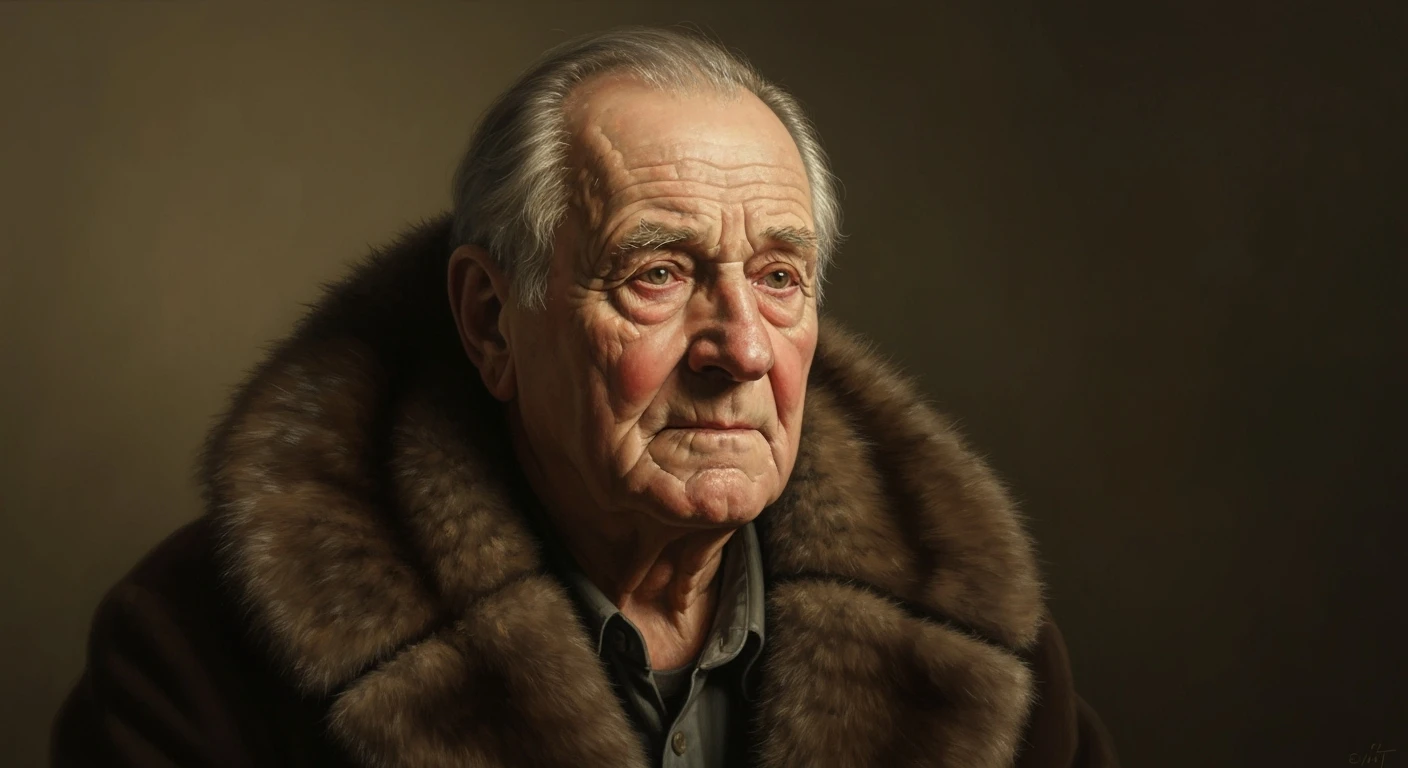 Portrait of an old man with a weathered face, wearing a fur coat, Rembrandt lighting, realistic oil painting