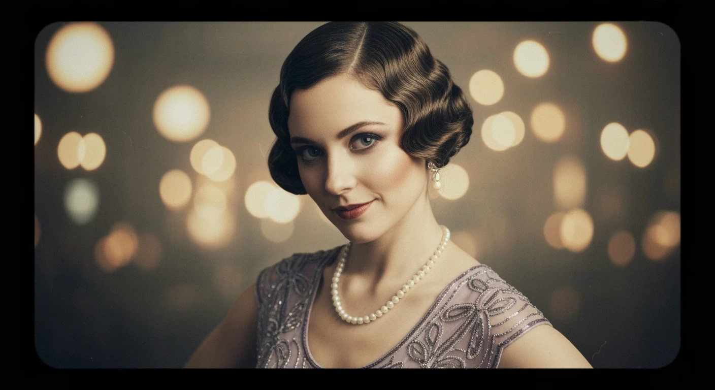 Portrait of a 1920s flapper girl with pearl necklace and bob haircut, vintage film grain, muted colors20