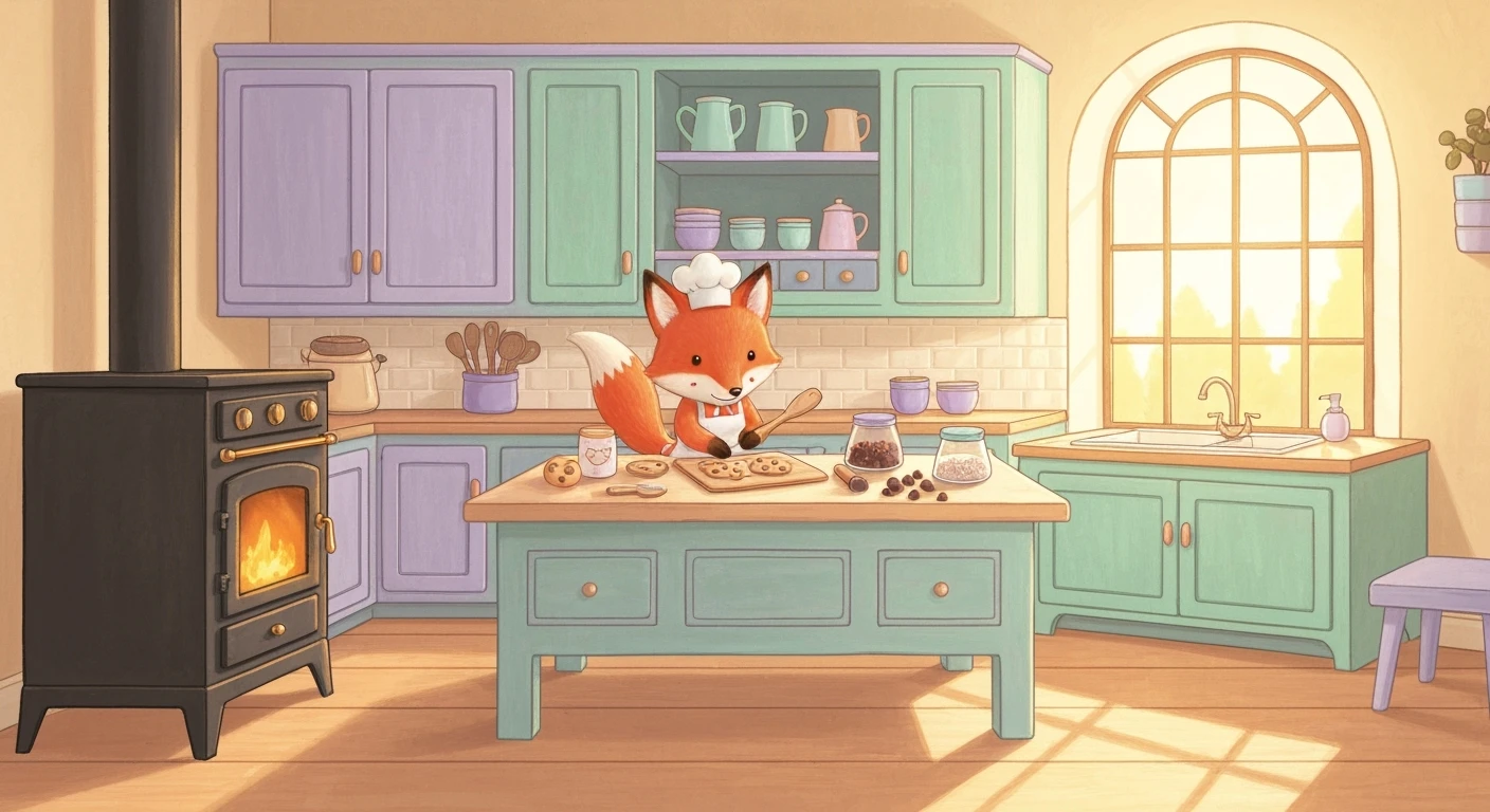 Children’s book style: a little fox baking cookies in a cozy woodland kitchen, soft lines, pastel palette