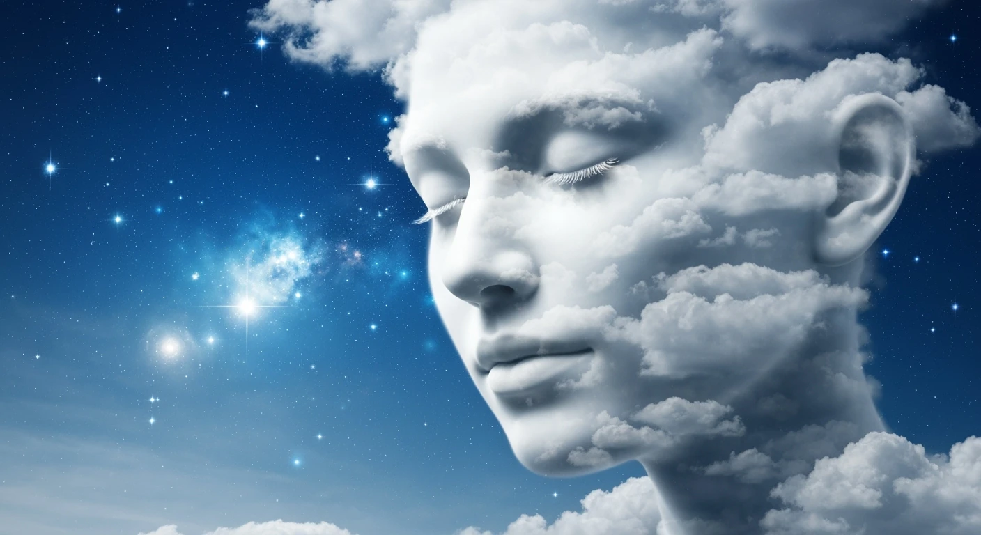 Human face made of clouds, eyes closed, blending into a starry sky, poetic surrealism