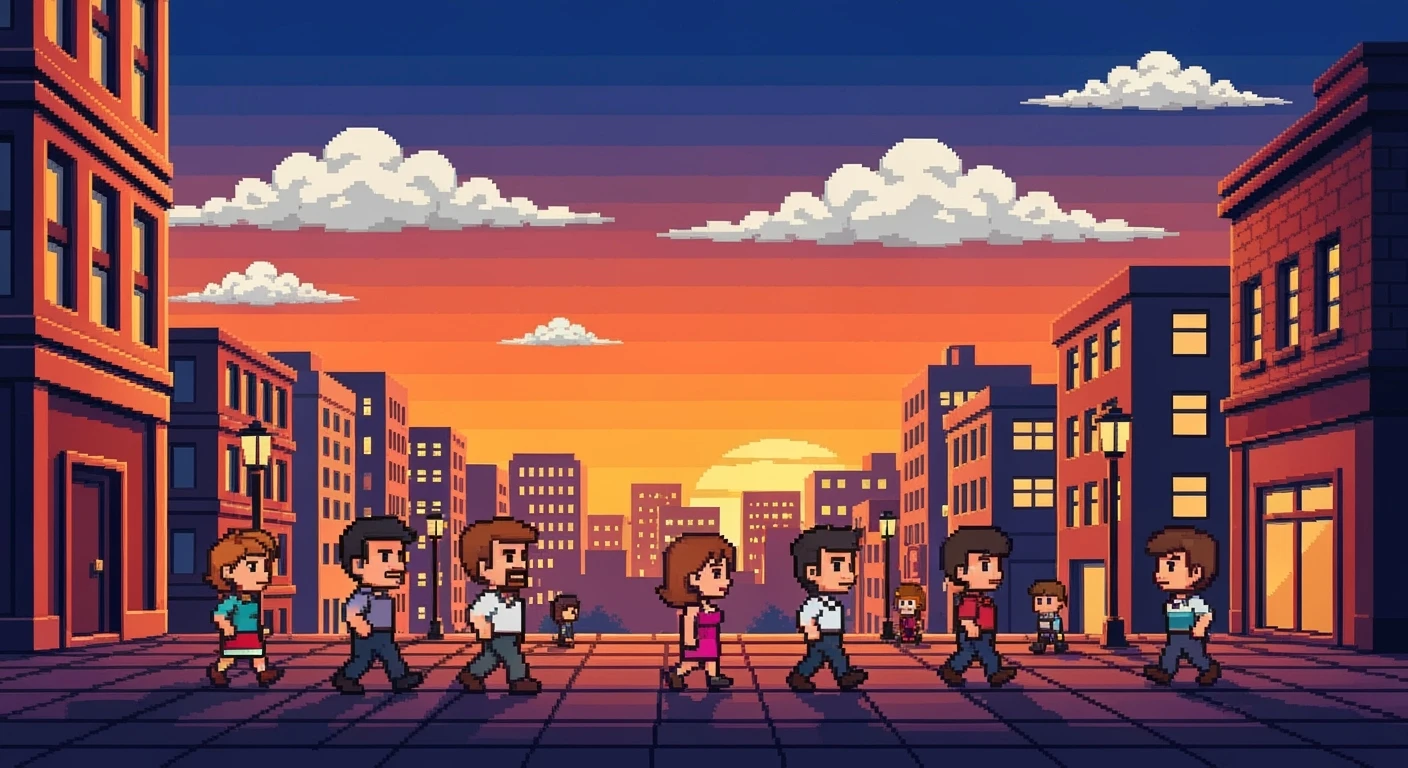 Pixel art city at dusk, small characters walking, animated clouds, 16-bit retro game aesthetic