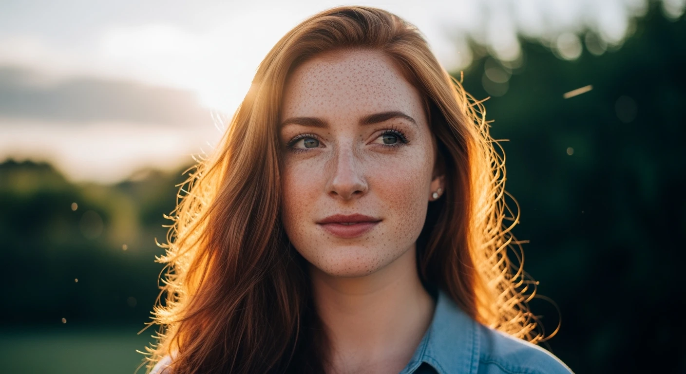 A young woman with freckles and red hair standing in soft morning sunlight, natural expression, candid photo style