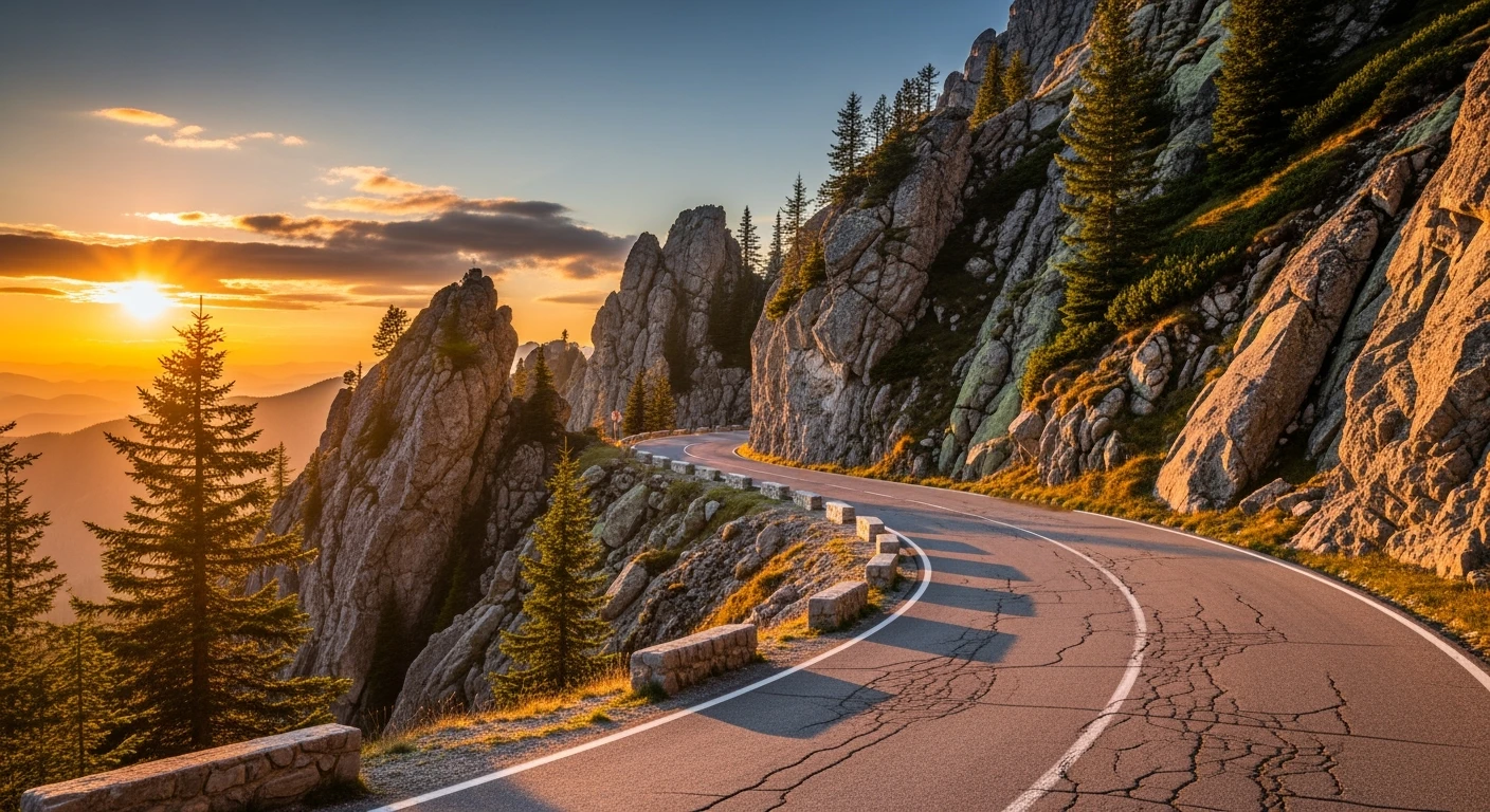 A winding mountain road under golden sunset light, detailed textures on rocks and trees, hyper-realism