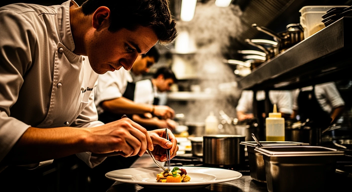 Chef plating food in a busy kitchen, shallow depth of field, cinematic color grading