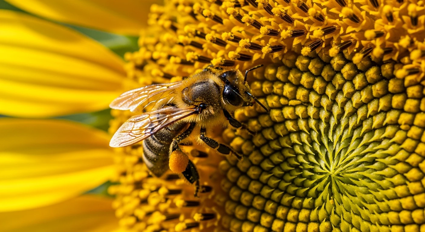 Close-up of a honeybee on a sunflower, extreme macro, visible pollen grains, lifelike details