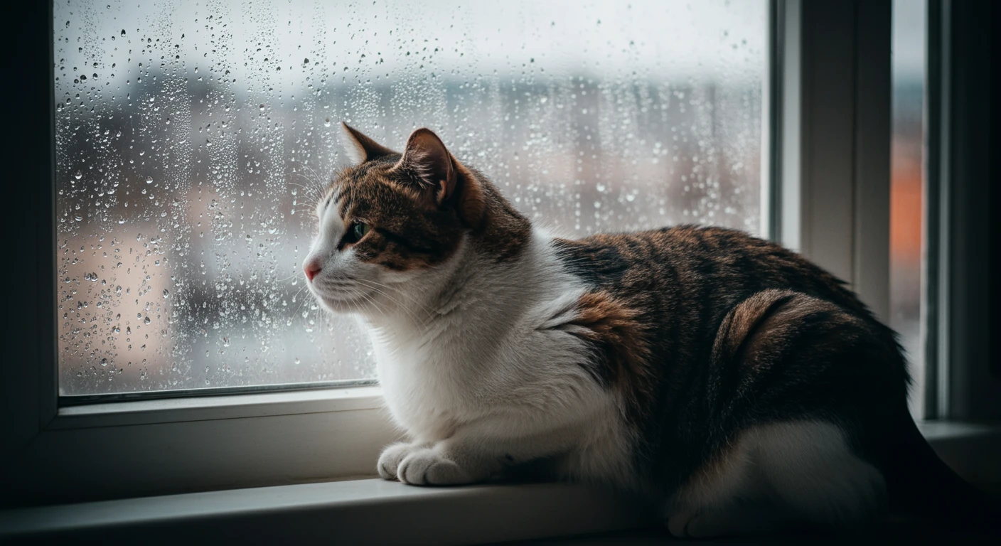 A cat sitting on a windowsill during a rainy afternoon, water droplets on glass, peaceful atmosphere
