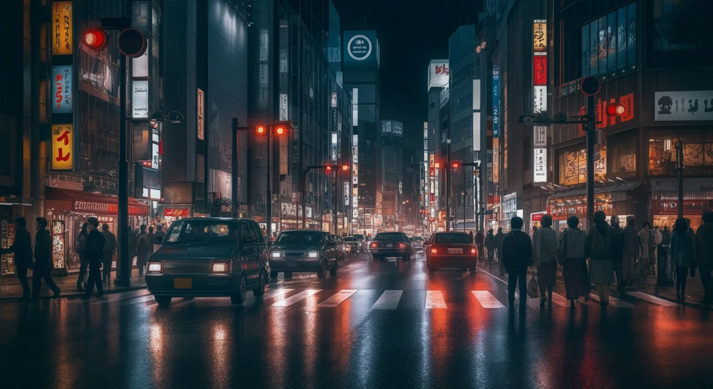 Busy Tokyo street at night, realistic pedestrians, cars, and signage, wet pavement reflections